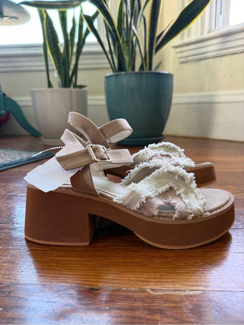 Frayed Cream Strappy Platform Sandals with Tan Block Heel